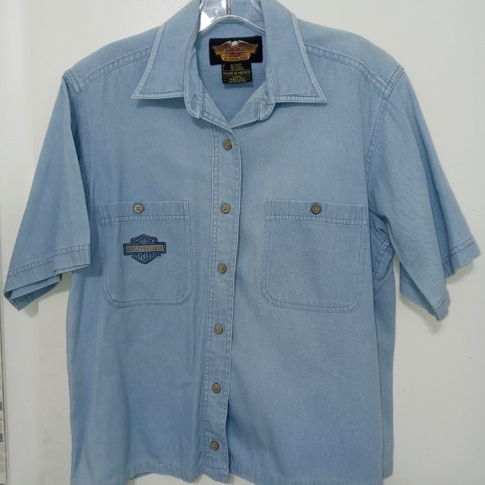 Harley-Davidson Women's short sleeve button down Embroidered Denim Shirt